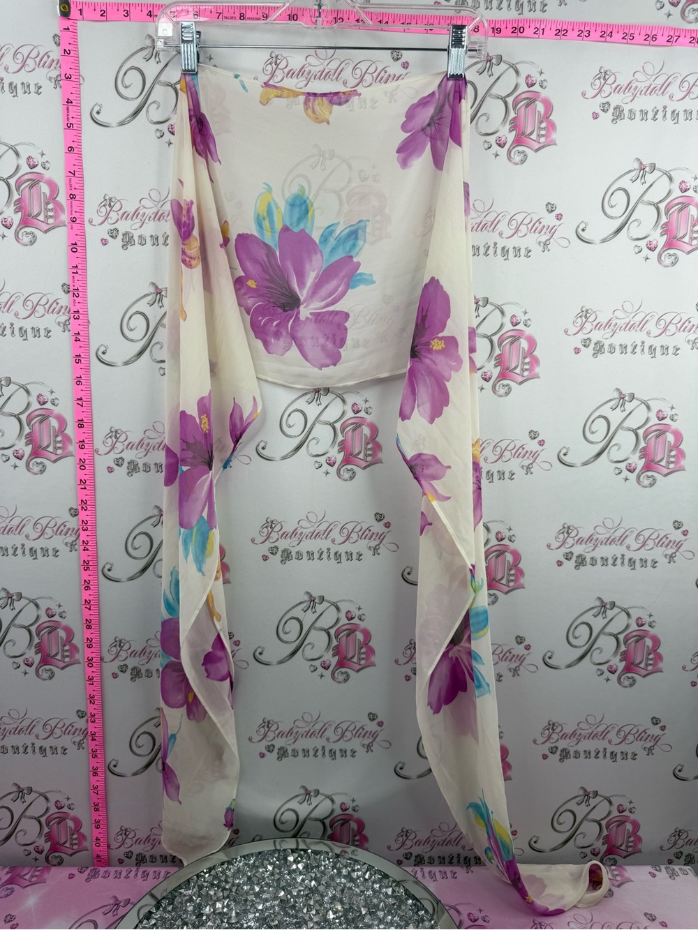 Scarf wrap or skirt Floral Chiffon Wrap Scarf - Ivory with Purple Bloom